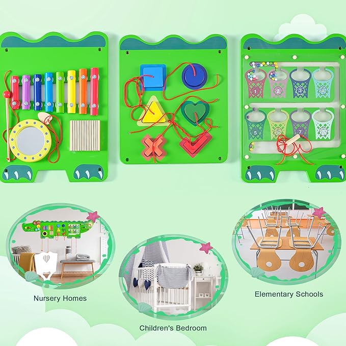 Crocodile Sensory Toys Activity Wall Panels - Montessori Busy Board, Toddler Learning Panel, Wall-Mounted Playroom/Daycare Educational Toys, Interactive Wooden Gift for Kids 3-6, Green