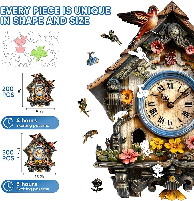 Wooden Puzzle for Adults, Clock House Jigsaw Puzzles for Adult, Unique Pieces Wood Cut Puzzles, Exquisiten Box Packaging, Toys for Friends Family (M-15.2 * 17.7in-500pcs)