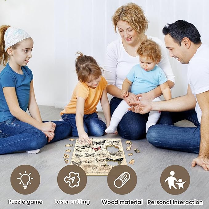 Wooden Puzzles for Adults, Butterfly Jigsaw Puzzles 5MM Thickness,200 Pieces Animal Unique Shape Puzzles with Wooden Box, Family Game Gift Fun Challenging Puzzle for Adults and Kids