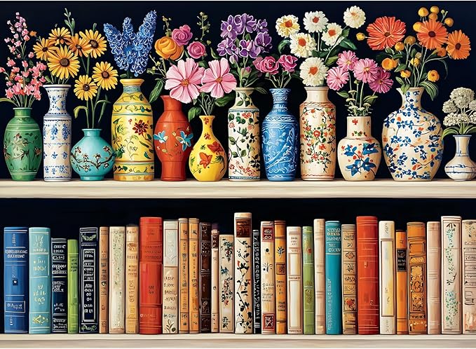 500 Piece Puzzle for Adults Puzzle, Beautiful Bookshelf Jigsaw Puzzle 500 Pieces, Flowers and Vase Jigsaw Puzzles for Adults Seniors, Fun Decor Challenging Family Games Holiday Party Gifts 20.5×15 in