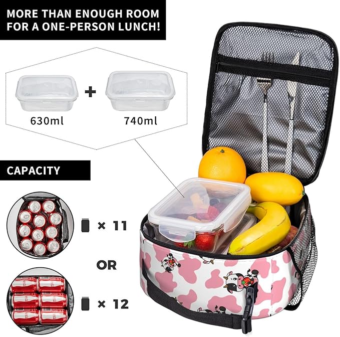 Strawberry Pink Cows Print Reusable Lunch Box Food Bag Insulated Lunch Bag for Teenage Boys Girls School Beach