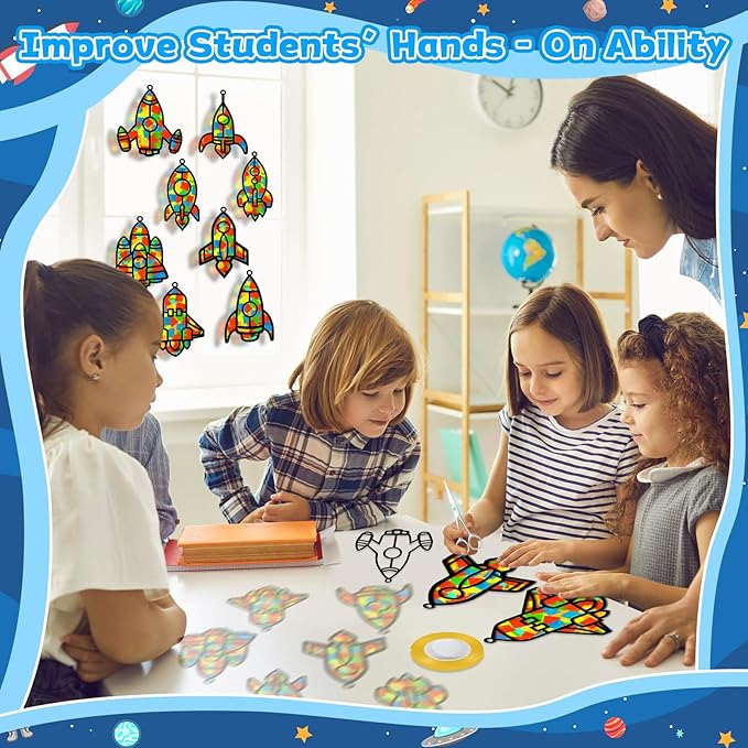 32 Sets Outer Space Rocket Suncatchers Craft Kit DIY Window Stained Glass Effect Space Theme Paper Crafts for Home School Classroom Decoration Kid Birthday Gifts Creative Art Projects Activity Game