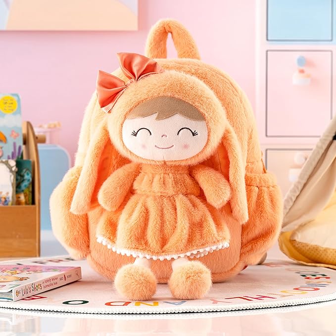 Gloveleya Back to School Gifts for Girls Toddler Backpack Plush Bag with Detachable Orange Rabbit 11 Inches Gift for Baby Girl Aged 2+