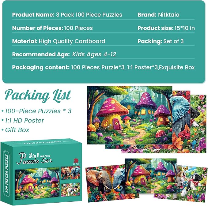 3-Pack 100 Piece Puzzles for Kids,Running Dogs Elephant Mushroom Puzzle for Kids Age 4-6 6-8 8-10,Unique Large Piece Jigsaw Puzzle,Recycled Paper,Bright & Colorful Educational Puzzle,Boys Girls Gift