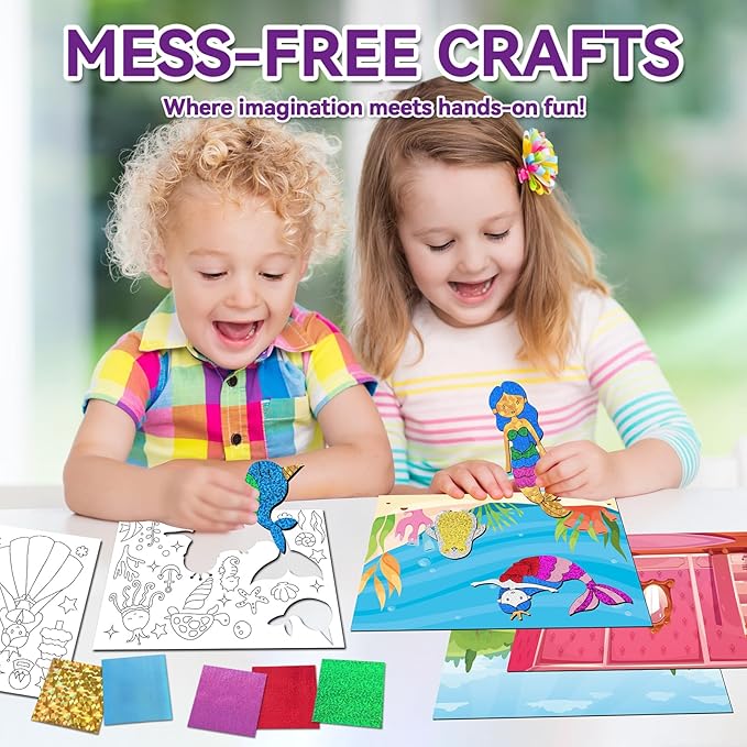 ATFUNSHOP Magical Foil Art Princesses Unicorn Mermaid & Fairy - No Mess Foil Craft Kit for Kids Ages 4 5 6 7 8 9 Fun Creative DIY Activity, Ideal Birthday Gift for Girls