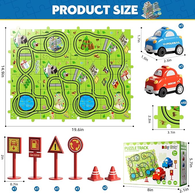 48PCS Puzzle Race Track Car Set for Toddlers Kids Boys, Toddler Toys Gifts for 3 4 5 Year Old Boys and Girls, Floor Puzzle Tracks Car Toys for Ages 3-5 4-6