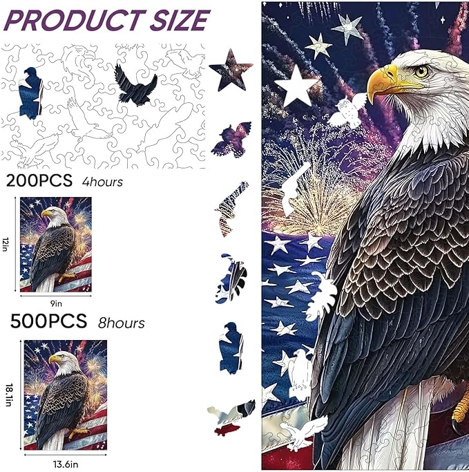 Wooden Jigsaw Puzzle, 200 Pcs Unique 3D Shape Jigsaw Puzzles, Wood Puzzle Gift Box Packing, Medium Size Letter, Creative Gift for Adults and Kids, Fun Challenging (EA4Eagle, 200PCS)