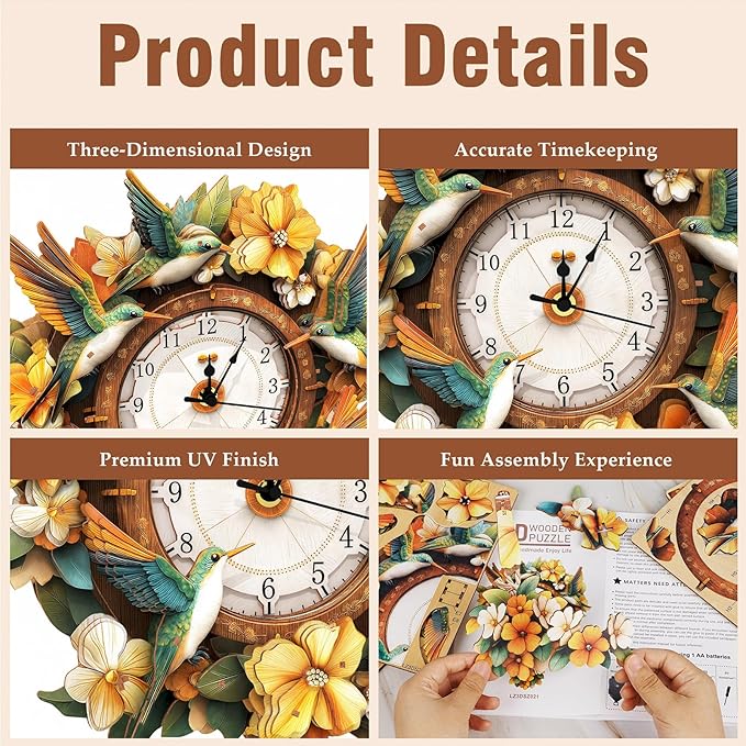 3D Wooden Puzzles for Adults Hummingbird Clock - Wall ‌‌Clock Puzzle Xmas Room Model Building Kit Creative Art Craft Gift Home Decor for DIY Enthusiasts, Brain Teaser Building Set Birthday Gifts