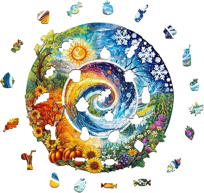 KAAYEE Wooden Puzzles for Adults, 3D Visual Effect Seasons of Life Wooden Jigsaw Puzzle Unique Shape Wood Puzzle Adult, 3D Effect Flat Puzzle Birthday Family Game (M-11.4 * 11.4 in-200pcs)