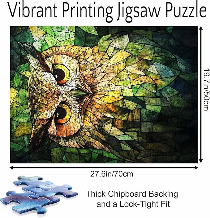 Jigsaw Puzzles 1000 Pieces for Adults-Green Owl Glass Style Hardboard Puzzle-Challenging Puzzle Perfect for Game Nights-DIY Home Wall Decor-Art Puzzles Colorful Stained Glass Owl 27" x 20"