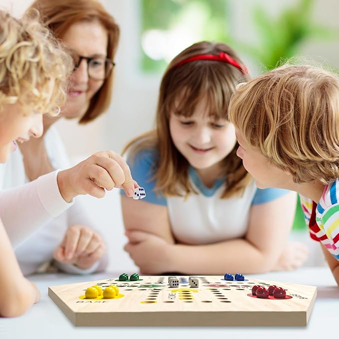 Wooden Board Game, Original Marble Game Double Sided Painted 2 to 6 Player Fast Track Board Game Wooden with 6 Colors 24 Marbles 6 Dice for Adults Kids Family(15 INCH)