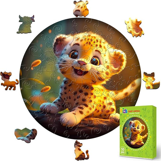 Christmas Birthday Gifts for Kids Girls Boys, Wooden Jigsaw Puzzles for Kids Ages 4-6, 50 Piece Unique Shape Animal Theme Puzzle - Preschool Learning Educational Toys for Kid 3+ (Leopard)