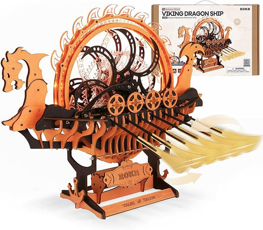 ROKR 3D Wooden Puzzle for Adults, 3-Hour Build, Viking Dragon Ship with LED Lights, Model Kits for Adults to Build, Ideal Gift for Boys and Men