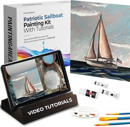 Painting4Real DIY Painting Class Kit for Adults: Learn to Paint Patriotic Sailboat with Video Tutorials – Art Decoration for Independence Day – Hang This Picture/Art as Wall Decor Once Completed