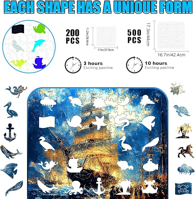 Wooden Jigsaw Puzzle, 200-500 Pieces Unique Shape Animal Puzzle, for Adults & Kids, Birthday Gift Family Game, Decorative Puzzle, Unique Gift (Midnight Pirate, 200 PCS)