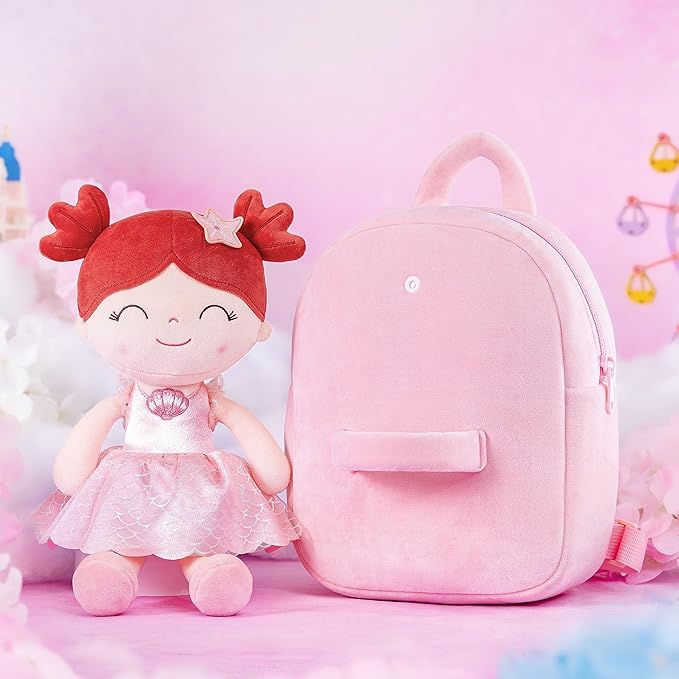 Gloveleya Back to School Gifts for Girls Toddler Backpack for Girls Kids Backpacks Soft Girl Toys Plush Baby Girl Gifts with Plush Princess Mermaid Qearl Doll Red 9"