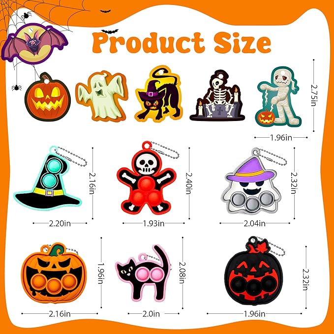 Halloween Pop Fidget Toys Bulk,24 Packs Halloween Kids Party Favors with Spooky Cards,Mini Keychain Sensory Stress Toy Set for Trick or Treat,Toddlers Teens Classroom Prizes Goodie Bag Stuffers