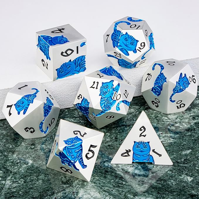 Metal DND Cat Dice 7PCS Polyhedral RPG Dice Set with Gift Case for Dungeons Dragons Role Playing Game, D and D Dice D6 D8 D10 D12 D20 D% (Silver Blue)