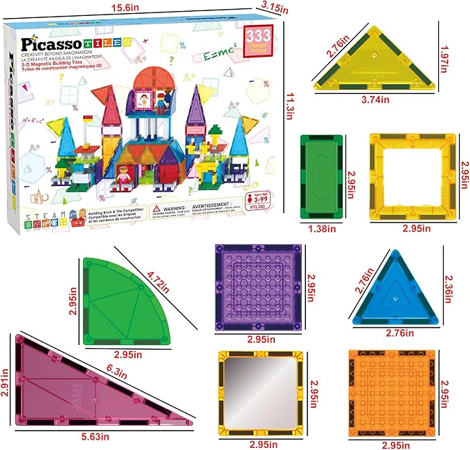 PicassoTiles 333pcs Magnetic Brick Tile and Magnetic Tile Combo Set, Action Figures included, Building Blocks STEM Toys, Educational Montessori Preschool Toddler classroom learning toys, Kids activity