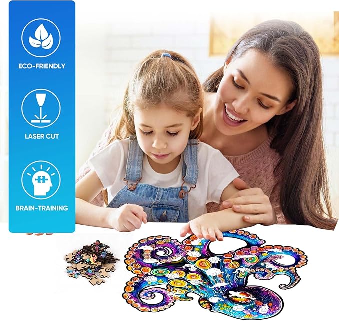 Wooden Jigsaw Puzzle, 500 Pcs Unique 3D Shape Jigsaw Puzzles, Wood Puzzle Gift Box Packing, Medium Size Letter, Creative Gift for Adults and Kids, Fun Challenging (EA2Octopus, 500PCS)