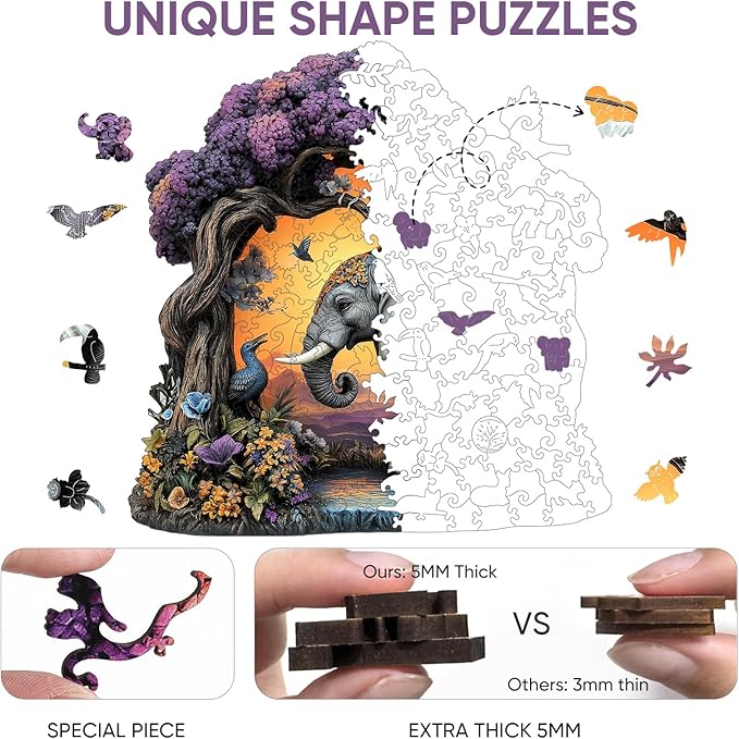 Wooden Puzzles for Adults, Elephant Jigsaw Puzzles 500 Pieces, Unique Shaped Puzzle for Adults and Kids, Christmas Birthday Gift Family Game 16.5 x 16.9 Inch