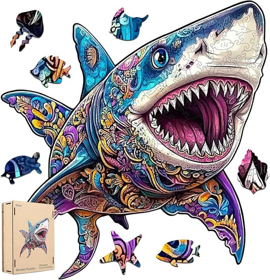 Wooden Jigsaw Puzzle, 500 Pcs Unique 3D Shape Jigsaw Puzzles, Wood Puzzle Gift Box Packing, Medium Size Letter, Creative Gift for Adults and Kids, Fun Challenging (EA2Shark, 500PCS)