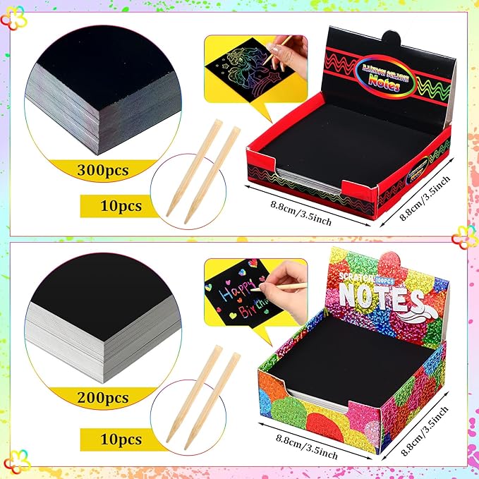 Lenwen 500 Pack Scratch Cards Rainbow Note Scratch Card with 20 Bamboo Stylus for Kids Paper DIY Paper Craft Kits Birthday Party Favors Supplies (Rainbow Mix,500)