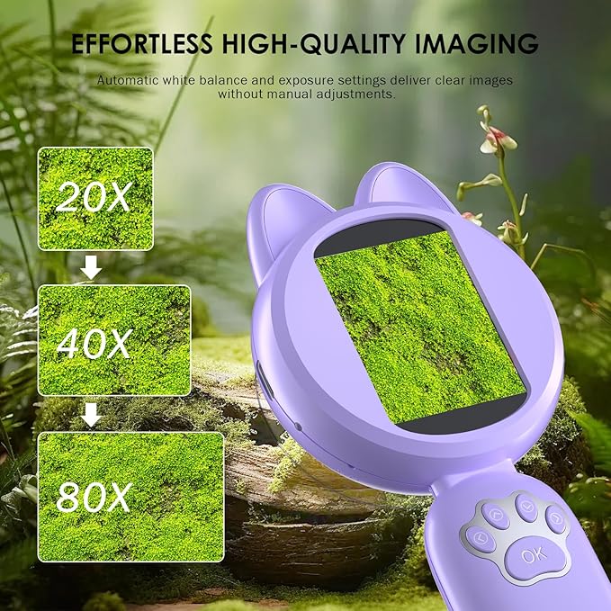 Kids Microscope 100X Magnification, STEM Handheld Digital Science Kit, Portable Educational Toy for Ages 3-16, Birthday for Boys & Girls Purple