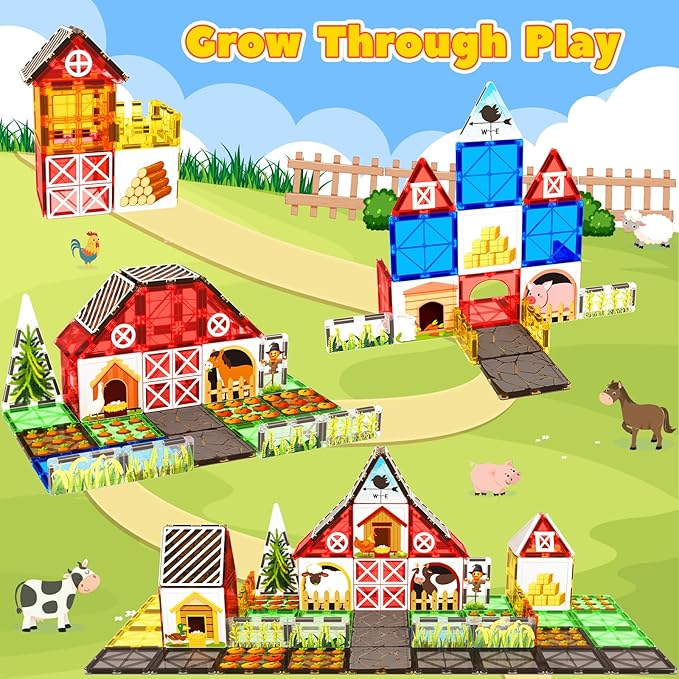 Magnetic Tiles Farm Animal Toys Set for Toddles Kids, Montessori STEM Toys for 3+ Year Old Boys Girls, Magnetic Building Blocks, Construction Sensory Magnets Games Educational Birthday Toys Gifts