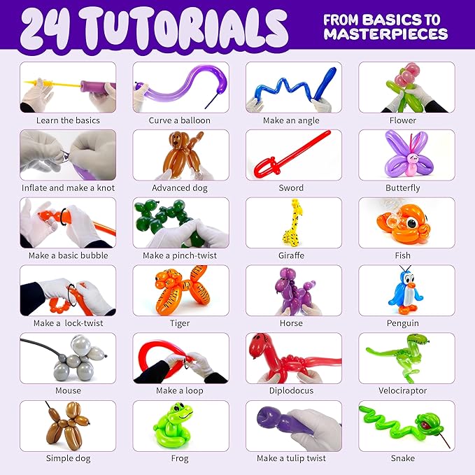 Dan&Darci Balloon Animal Twisting Kit with Pump for Kids - Boy & Girl Gift - Birthday Gifts for Girls and Boys - Arts and Crafts for Kid Ages 8-12 - 6 7 8 9 10 11 12 Year Old - Animals Balloons