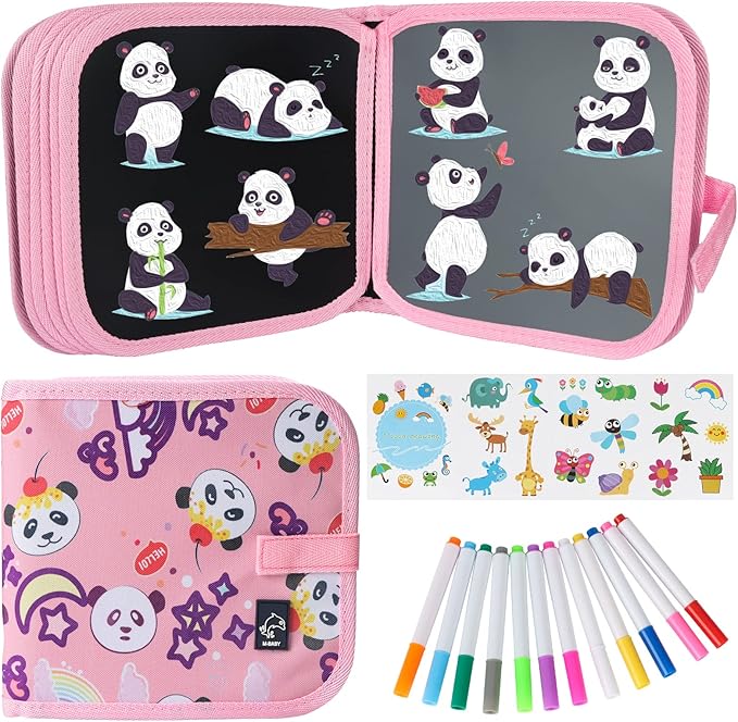 Erasable Book Doodle Set for Kids,Reusable Magic Drawing Book for Kids with 12 Watercolor Pens 14 Page Drawing,Road Trip Car Game Writing Painting Set for Boys and Girls (Panda)