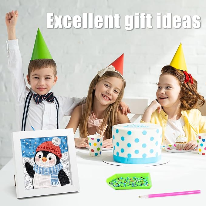 geesfayan Diamond Art Kits for Kids Ages 8-12,6 Inch DIY Gem Art Painting with 7 Inch Frame, Complete Starter Kit for Beginners, Creative Arts & Crafts Gift for Girls & Boys (Christmas Penguin)