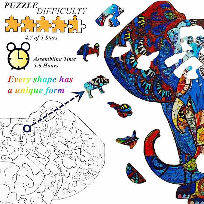 Wooden Jigsaw Puzzle for Adults,Unique Elephant Animals Shaped Magic Jigsaw Puzzle Pieces Best Gift for Adults,Can be Used as a Cool Mouse Pad, 150pcs,(9.5x9.5 inches) Large…