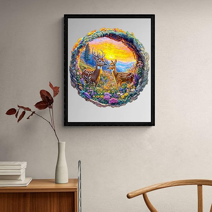 KAAYEE Wooden Puzzles for Adults, 3D Visual Effect Deer and Flowers Wooden Jigsaw Puzzle Unique Shape Wood Puzzle Adult, Birthday Gifts for Puzzle Lovers Family Games (M-11.4 * 11.3in-200pcs)