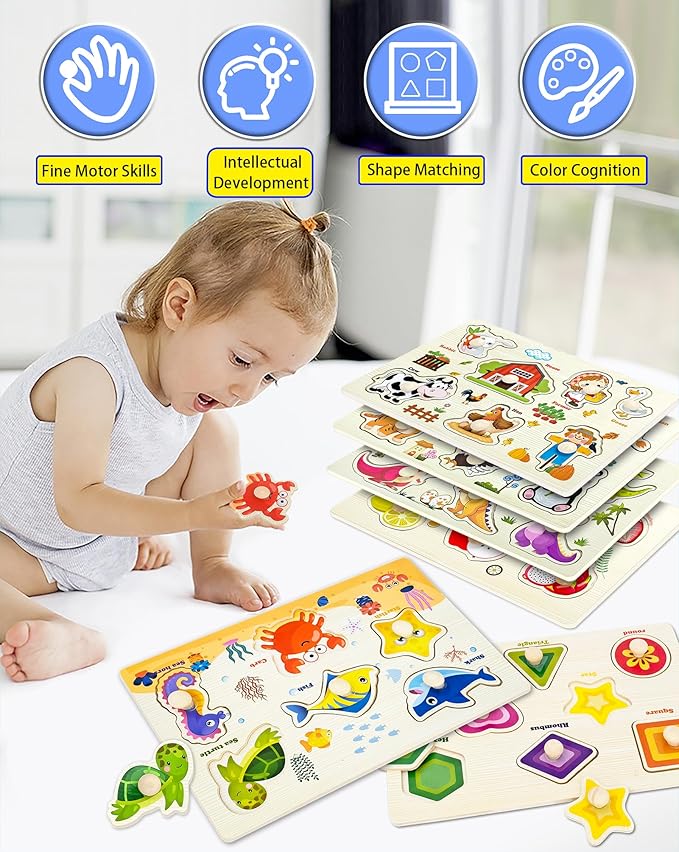 Wooden Peg Puzzles for Toddlers,Montessori Toddler Puzzles for Child,Fine Motor Skill Learning Puzzles Toys for Baby Boys Girls Gifts-6 Pcs Shape,Farm,Sea Animal,Dinosaurs,Fruits,Animals