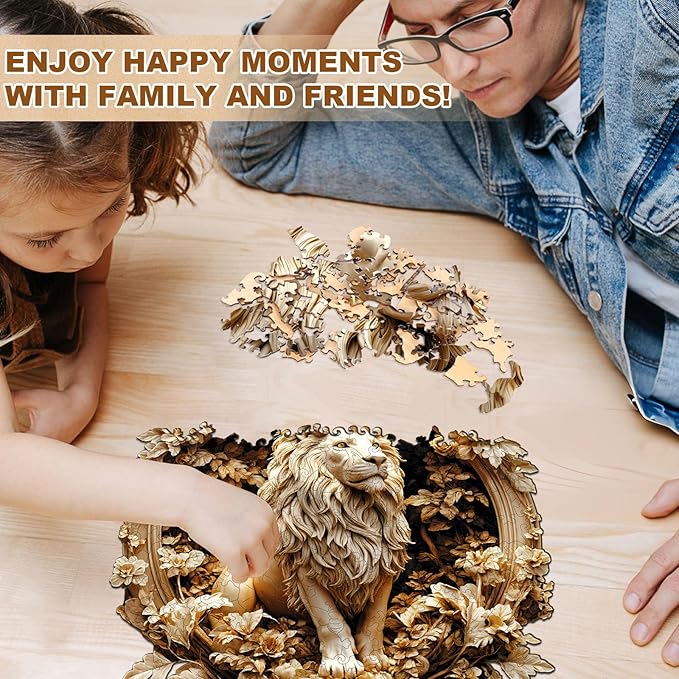 Wooden Puzzles for Adults, Forest Lion Wooden Jigsaw Puzzle 455 PCS Unique Animal Shape Wood Puzzles Adult, Birthday Gifts for 3D Visual Effect Puzzle Lovers Family Games (XL-17.3 * 17.3in)