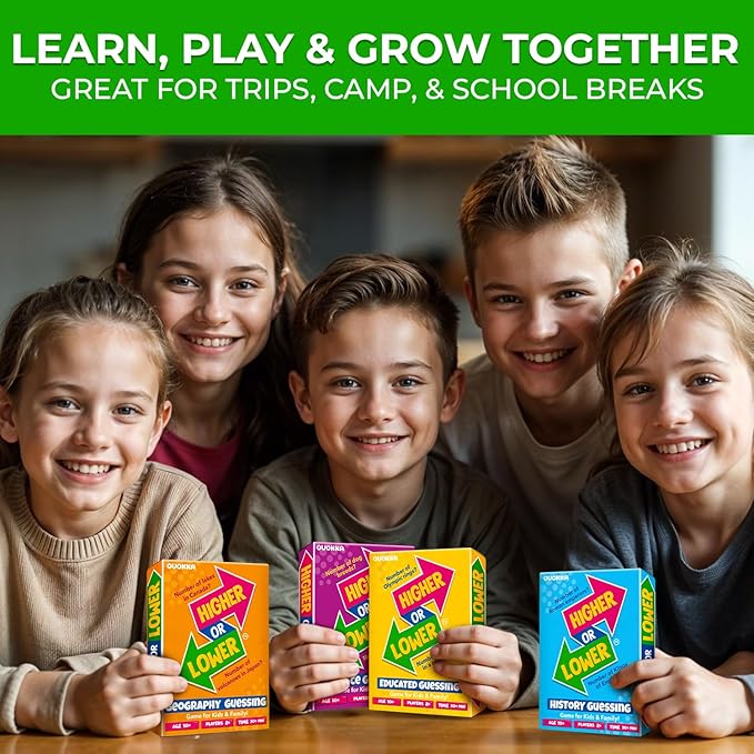 QUOKKA Trivia Board Games for Kids and Adults - Version V2.0 - Family Night Geography Games 4xSet Higher or Lower Trivia Cards | Guess Fun Questions | 2 + Players - Challenge Your Geography Knowledge