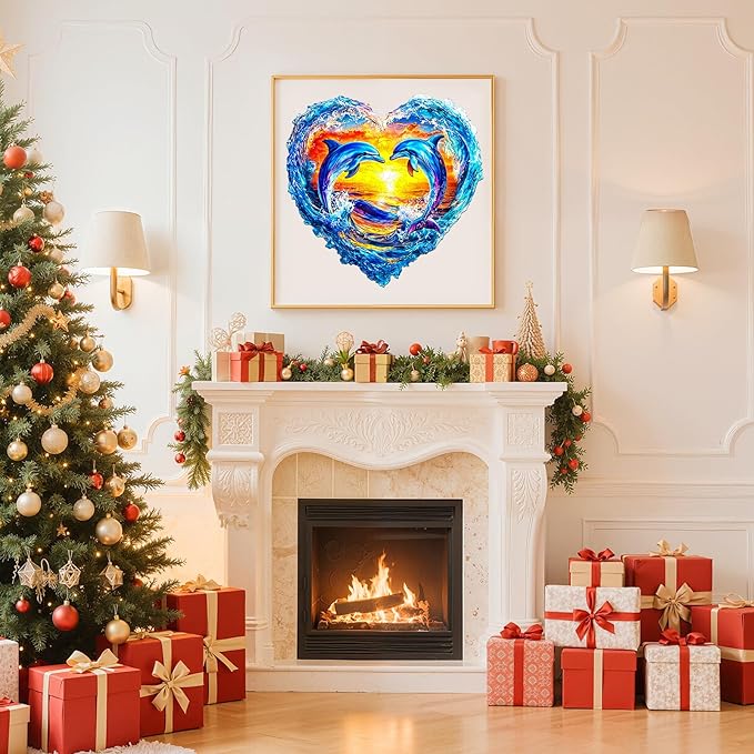 Wooden Puzzles for Adults - Heartfelt Dolphins Wooden Jigsaw Puzzle, Unique Animal Shaped Wood Puzzles Adult, Christmas Birthday Gifts for Friends/Family, Home Decor 8.5 * 8.3in 90pcs