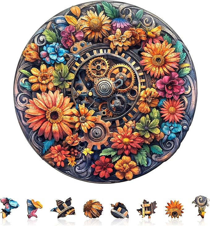 Wooden Puzzles for Adults - Machinery and Flowers Wood Puzzles Adult - Unique Animal Shape Wooden Jigsaw Puzzles for Adults - Birthday Gifts for Puzzle Lovers, Family (11.4 * 11.3in)