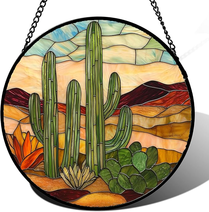Stained Glass Window Hanging, Green Cactus Sun Catcher for Door Terrace Garden Home Decor, Abstract Desert Landscape Suncatcher Birthday Gifts for Lovers Women Men Dad Mom Nana 9.8 in