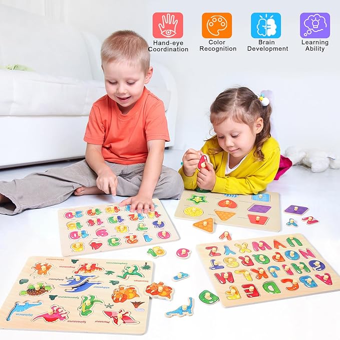 Montessori Wooden Peg Puzzles for Toddlers 3 4 5 Year Old, 4 Pcs Kids Educational Toys Preschool Learning Activities-Alphabet, Shape, Number and Dinosaur, Baby Puzzle Gifts for Boys Girls