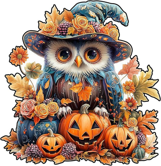 Wooden Puzzles for Adults - 268 Pieces Halloween Owl Wooden Jigsaw Puzzle - Unique Animals Shape Wood Cut Puzzles - Eco-Friendly Home Office Decor (L-13.3 * 12.4in)
