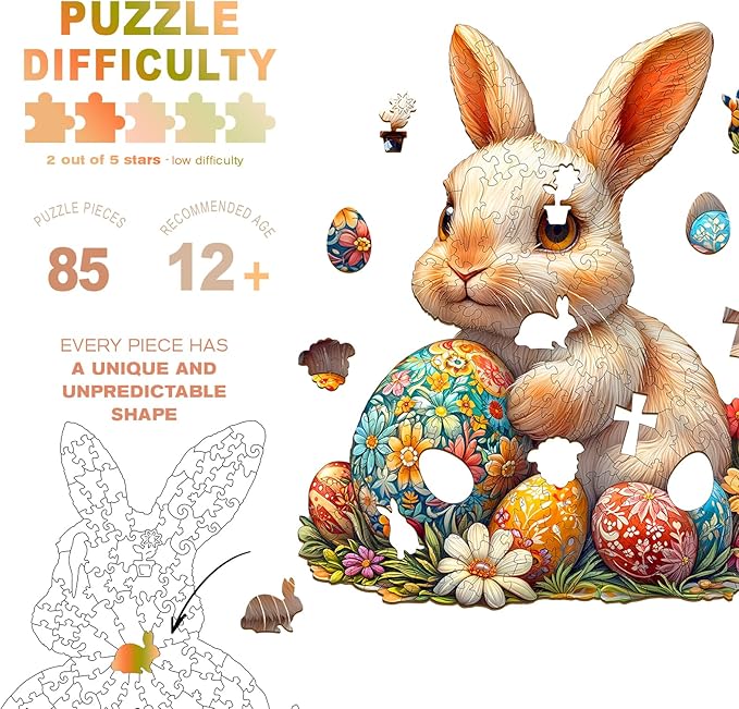 Wooden Puzzles for Adults - Wonderful Easter Bunny Wooden Puzzles - Unique Shaped Wooden Jigsaw Puzzles - Animal Wooden Puzzle Creative Bunny Gifts - Puzzle Toys - (85pcs)
