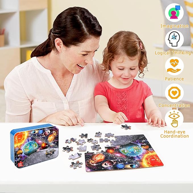 LELEMON Puzzles for Kids Ages 4-6, Space 60 Piece Puzzles for Kids Ages 3-5 in a Metal Box, Educational Jigsaw Puzzles Childrens Puzzle Games Puzzle Toys for Girls and Boys