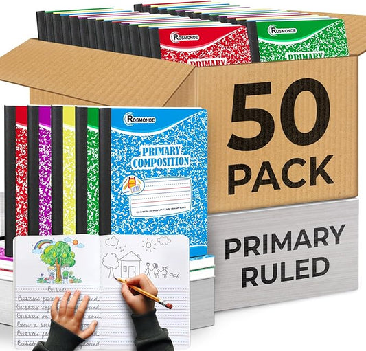 Composition Notebook Bulk, 50 Pack, Draw and Write Journals, 200 Pages (100 Sheets), 9-3/4 x 7-1/2, K-2 Primary Ruled Composition Notebooks, Bulk School Supplies, Hard Cover, Colors Marbles