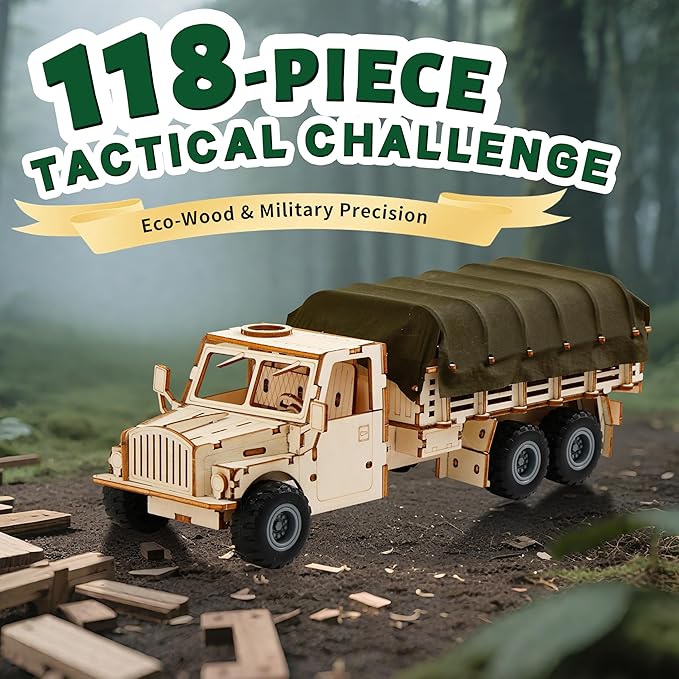 SIGHTEEDA Pull-Back Adventure Truck 3D Wooden Puzzle - 118 Pcs STEM Building Model Kit for Kids Ages 6-12 | All-Terrain Wheels & Removable Cover | Creative Gift for Kids & Teens