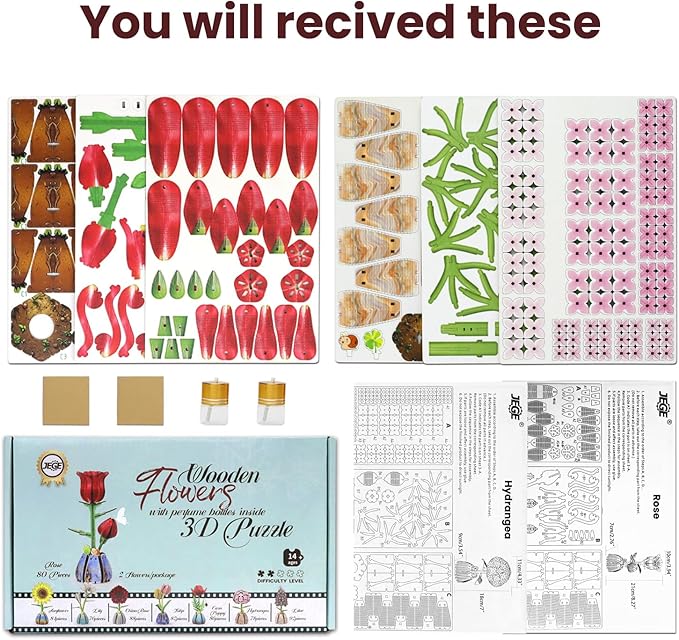 Jege 3D Flowers Wooden Puzzles for Adults,DIY Wooden 2 Flowers per Kit Building Set for Home Decor, Creative Craft Gift Toys Kits with 2 Perfume Bottles and Diffuser Sticks (Rose + Hydrangea)