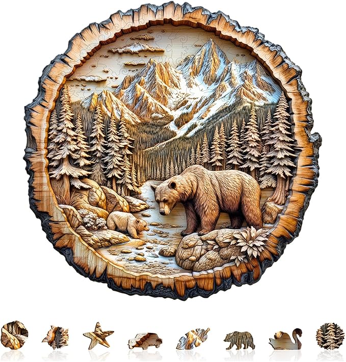 Wooden Puzzles for Adults - 200 Pieces Annual Ring Bear Puzzle - Unique Shapes Wooden Jigsaw Puzzles for Adults - Eco-Friendly Home Office Decor (M-11.4 * 11.4in)