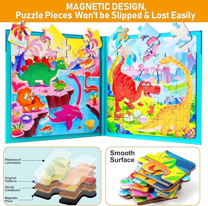 Magnetic Puzzles for Kids Ages 3-5, Two-Book Set, Dinosaur Animal Jigsaw Puzzle Magnet Books Travel Games Montessori Preschool Learning Activities Toddler Toys for 3 4 5 6 Year Old Boys Girls