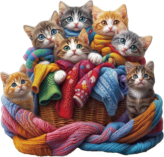 Wooden Puzzles for Adults - Colorful Fabric Cat Wooden Puzzle - Unique Shapes Wooden Jigsaw Puzzles for Adults - Eco-Friendly Home Office Decor (11.4 * 10.9in)